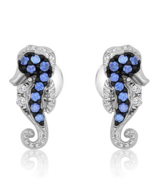 Created Blue Sapphire and White Sapphire Seahorse Stud Earrings in Rhodium Over Sterling Silver