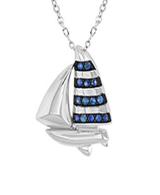 Created Blue Sapphire Ship Necklace in Rhodium Over Sterling Silver