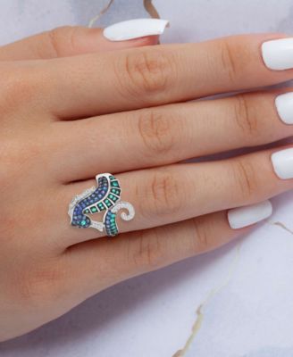Created Emerald & Sapphire Seahorse Ring in Black Rhodium Over Sterling Silver