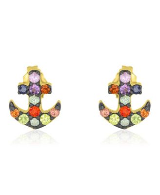 Multi-Stone Anchor Stud Earrings in 14k Yellow Gold Over Sterling Silver