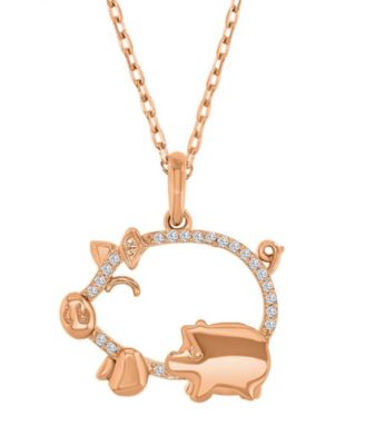 Created White Sapphire Mom and Baby Pigs Necklace in 14k Rose Gold Over Sterling Silver