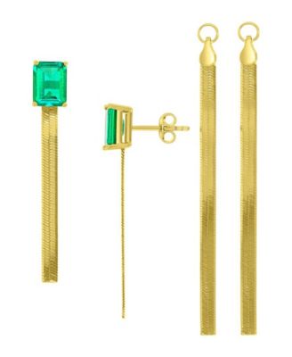 Created Emerald Herringbone Chain Dangling Earrings in 14k Yellow Gold Over Sterling Silver