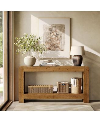 Solid Wood Console Table with Storage, 63-Inch Farmhouse Entryway Table, 2-Tier Narrow Sofa Console Behind Couch