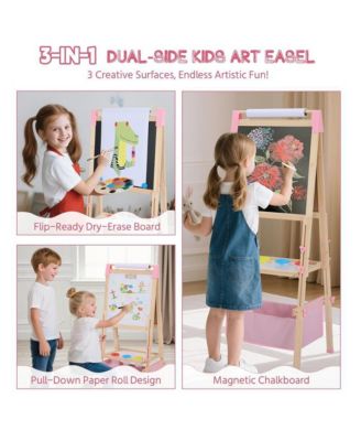 3 in 1 Kids Art Easel Set, Dual-Sided Art Station w/Whiteboard & Chalkboard