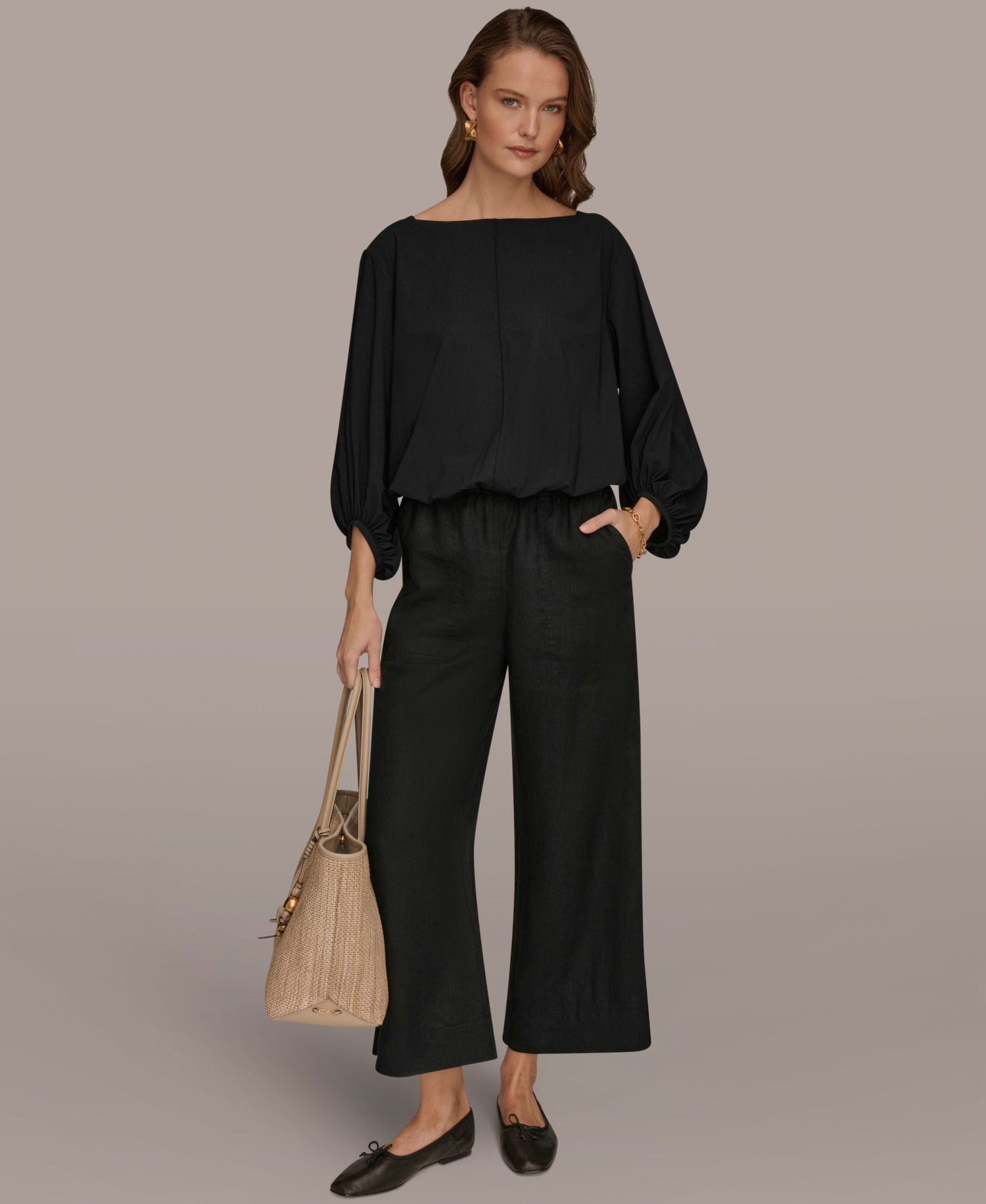 Women's 4-way Stretch Knit Boat Neck Balloon Sleeve Blouse
