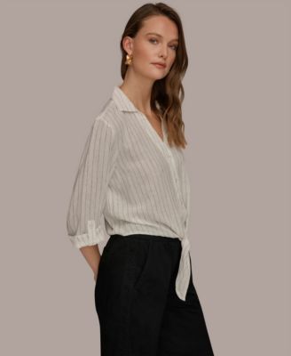 Women's Linen Button-Front Tie Blouse