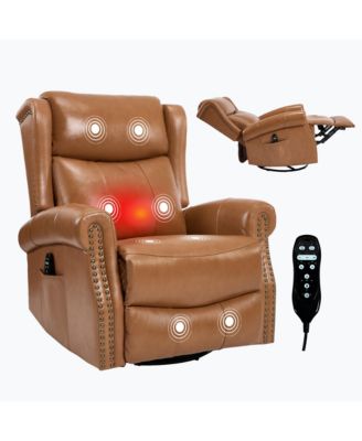 Heat Massage Manual Recliner Chair with Rocker and Swivel in Genuine Leather for Living Room