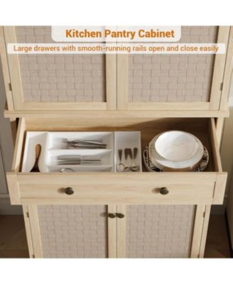 72" Wooden Tall Pantry Cabinet, Kitchen Pantry Storage Cabinets with 4 Door & 4 Adjustable Shelves and a Drawer, Farmhouse Pantry Storage