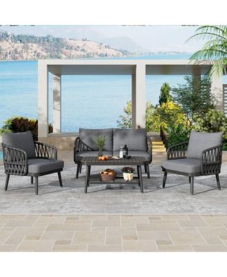 4 Piece Outdoor Patio Conversation Set with Metal Rope Backrest Chairs Coffee Table Thick Cushions  for Garden Poolside