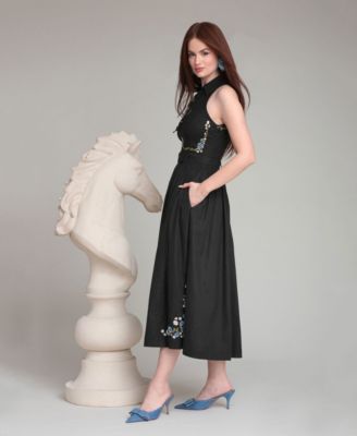 Women's Tie Neck Collared Midi Dress