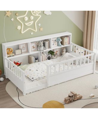 Wooden Fence Guardrail and Storage Floor Bed, Twin Size