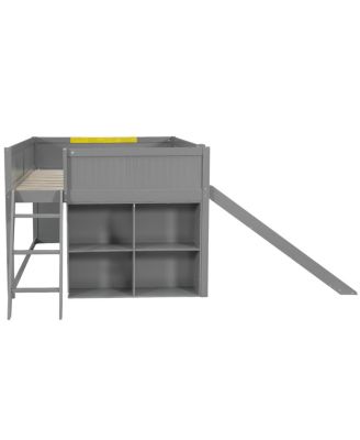 Full Size Wooden Low Loft Bed with Storage, Slide, Door, Window