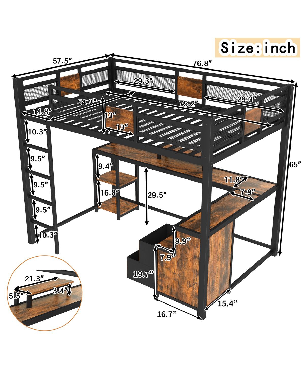 Streamdale Furniture Metal Frame Full Loft Bed with Desk and Storage, No Spring Box Needed