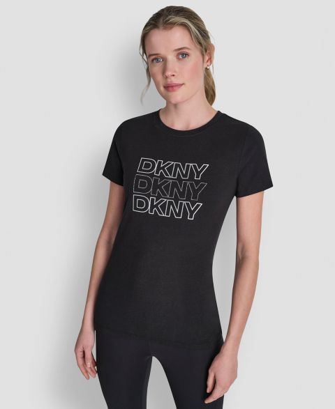 Женская футболка DKNY Sport Triple Rhinestone Foil Logo, цвет: Чёрный