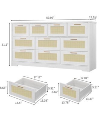 Rattan Dresser with 10 Drawers, Wide Storage Chest with Tabletop