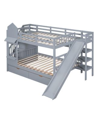 Full-Over-Full Castle Bunk Bed w/ Drawers, Shelves & Slide