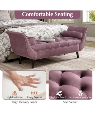 Upholstered Velvet Tufted Ottoman Bench with Rolled Arms and 2 Pillows