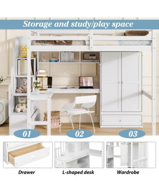  Full Size Loft Wood Bed with Desk, Shelves, Wardrobe, Staircase