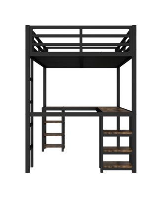 Twin XL Metal Loft Bed with Desk, Shelves, Ladder & Guardrails