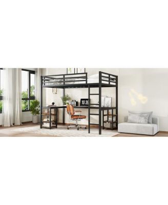 Twin XL Metal Loft Bed with Desk, Shelves, Ladder & Guardrails