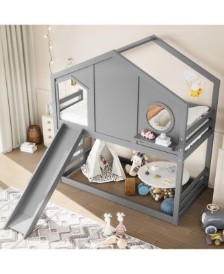 Twin House Bunk Bed with Slide & Storage Shelves, Solid Wood Loft Bed