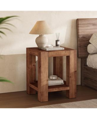 19.69" Solid Wood Side Table Set of 2, Farmhouse 2-Tier End Table with Storage Shelves