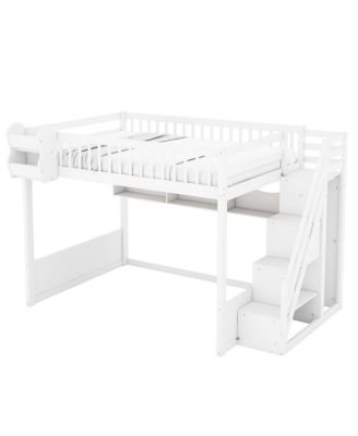 Queen Size Wooden Loft Bed with Staircase, Wardrobe & Storage