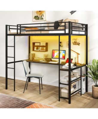 Twin Size Loft Bed Raised Platform Bed with Desk and 2 Storage Shelves