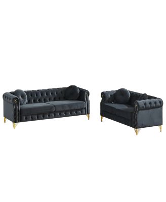 Velvet Copper Studs & Tufted Buttons, Metal Legs Chesterfield Sofa