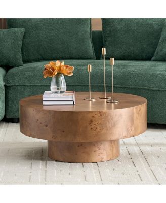 Burl Wood Veneer Coffee Table with Sturdy Pedestal