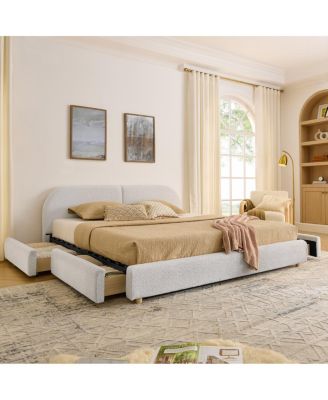 King Size Upholstered Bed Frame - Minimalist Style, Curved Headboard, Drawer Storage