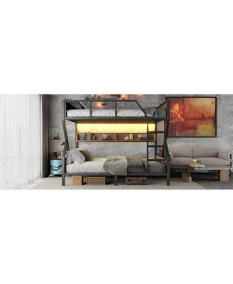 Queen over Queen Bunk Bed with Storage Shelves and Lights