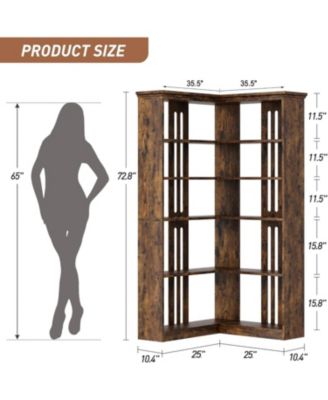 72" L-Shaped Corner Bookshelf – 5-Tier Wood Bookcase with Anti-Tip Design, Rustic Freestanding Storage Shelf for Living Room or Office
