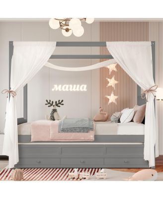 Twin Platform Bed with Upholstered Headboard, Trundle, 3 Drawers & Canopy