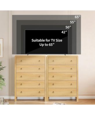 5 Drawer Tall Dresser, Oak Finish Storage Chest with Gold Ring Pulls