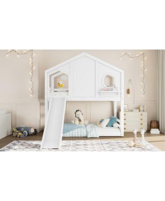 Twin House Bunk Bed with Slide & Storage Shelves, Solid Wood Loft Bed