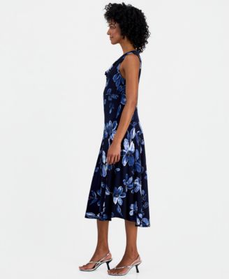 Women's Printed Drape-Neck Sleeveless Midi Dress