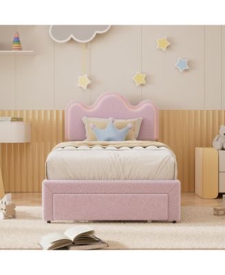 Bed Frame with Adjustable Upholstered Headboard Princess Boucle Bed Frame with LED Light Drawers Strong Wood Slat Support