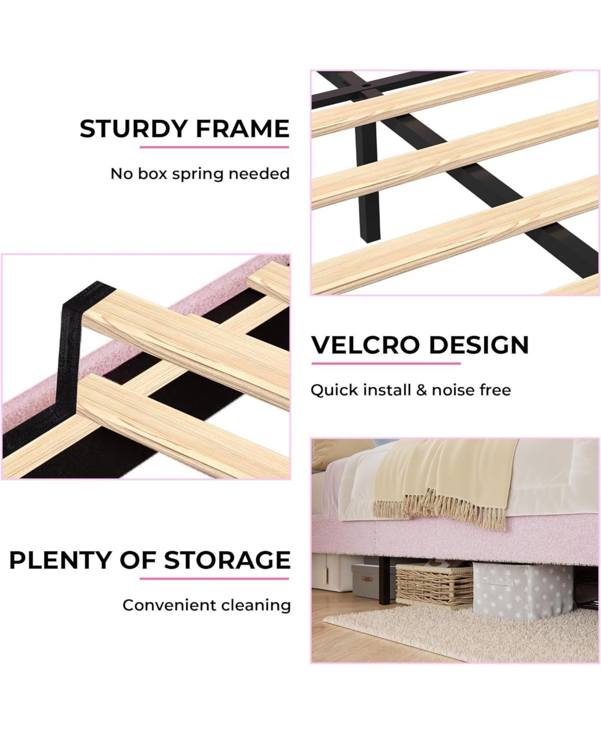 gaomon Bed Frame with Adjustable Upholstered Headboard Princess Boucle Bed Frame with Led Light Drawers Strong Wood Slat Support
