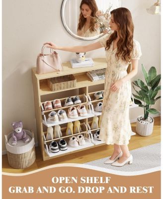 Narrow Shoe Cabinet with 4 Flip Drawers and Open Shelf, Wooden Freestanding Shoes Organizer with Shelves for Slippers,Sneakers,Heels,Boots