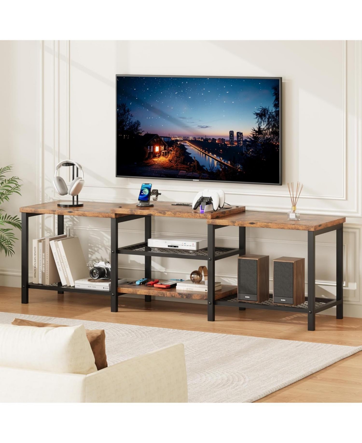 gaomon Tv Stand for Up to 75" TVs with Led Lights and Power Outlet, Open Storage Entertainment Center