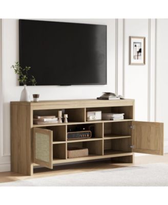 30" Tall Rattan TV Console Cabinet with Storage，Entertainment Center Media Console for 45-65" TV Living Room ，30 in Tall Oak Wood Television