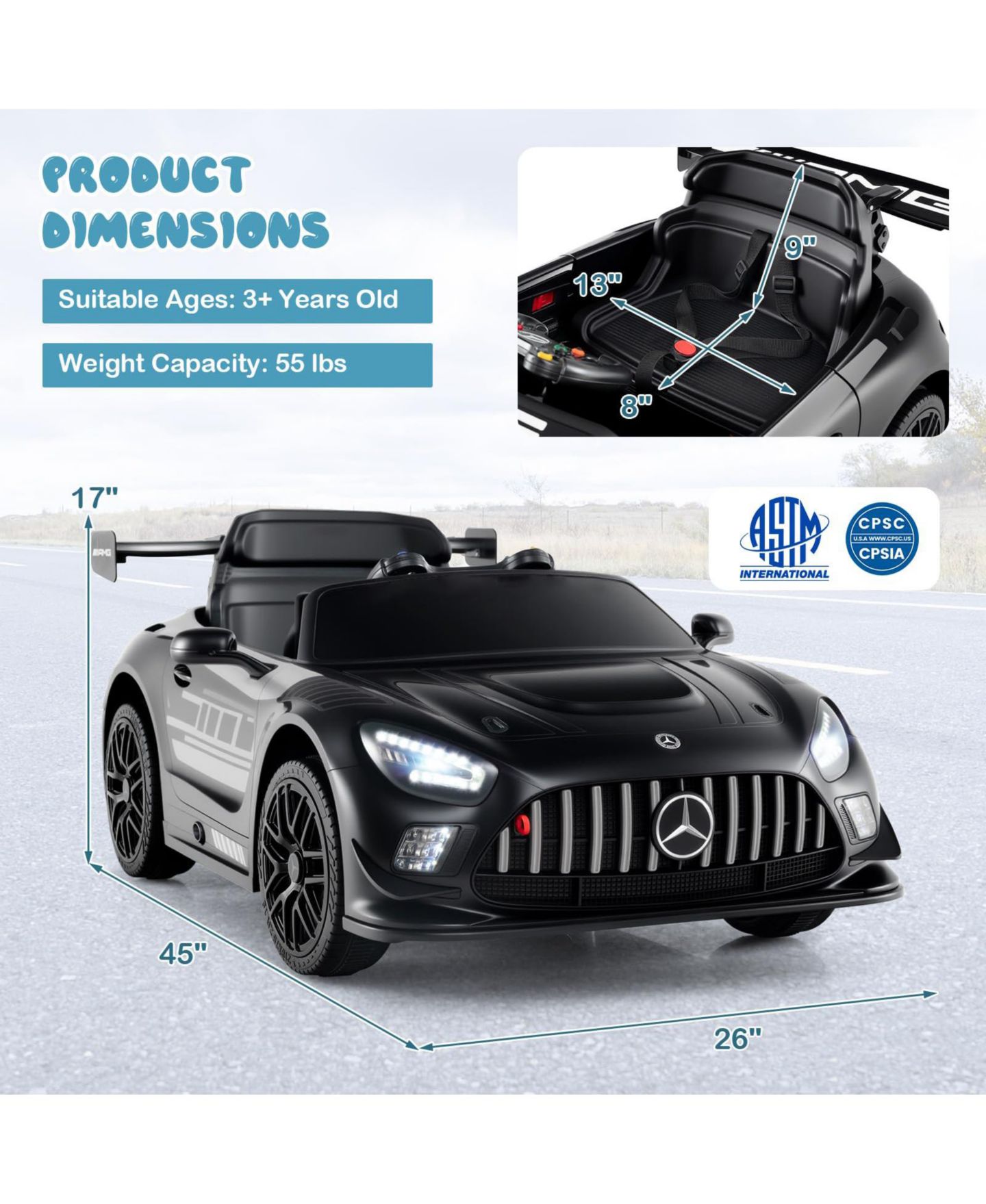 Детская игрушка Mecale Mercedes-AMG GT3 Licensed Remote Control Ride-On Car, 45"L x 26"W x 17"H, Ages 3–6, цвет: Чёрный — фото 3
