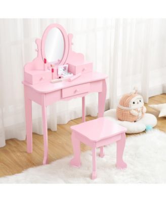Kids Vanity Set with Adjustable Mirror & Stool,Wooden Toddler Vanity Set with Drawers,Pretend Makeup Dressing Table for Little Girls