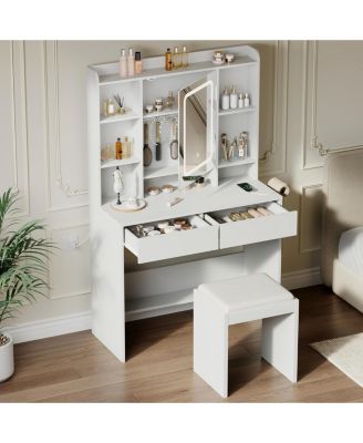 Vanity Desk with Mirror and Lights, for Bedroom, Includes Padded Stool, Easy to Assemble, Storage Drawers, USB Outlets