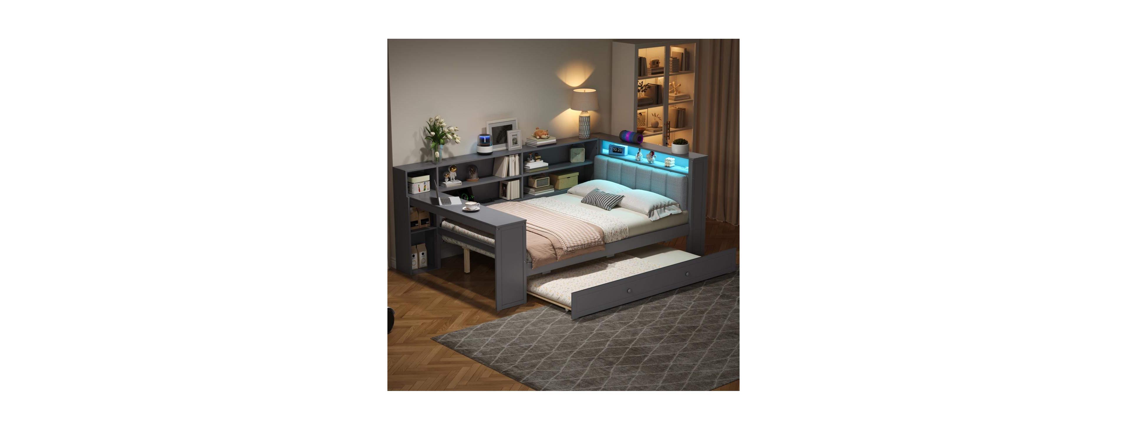 Streamdale Furniture Bed w/Storage, Trundle, Charging, Led, Desk, Headboard