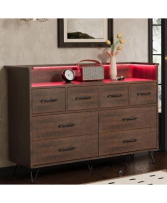 8 Drawer Bedroom Dresser with LED Lights & Charging Station, Vintage Wide Chest