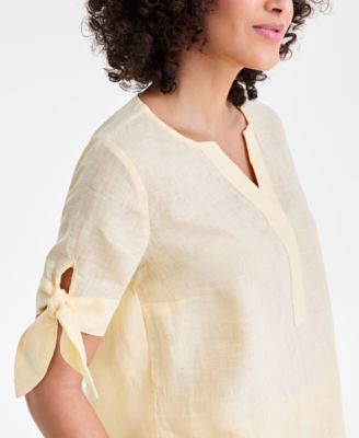 Women's 100% Linen Split-Neck Tie-Cuff Top