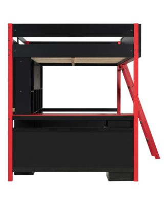 Full Size Wood Loft Bed with Desk, Ample Storage Space and Light