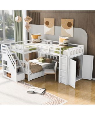 Streamdale Twin L-Shaped Bunk Bed w/ Desk, Wardrobe & 3 Drawers, White